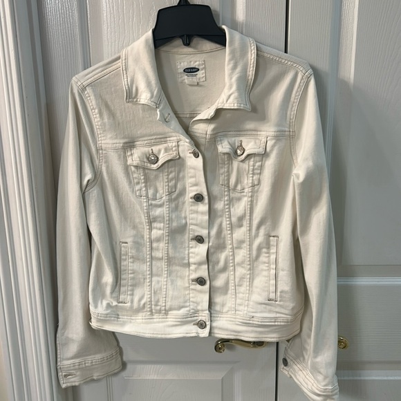 Old Navy Cream Denim Jacket SZ L Pockets Contrast Stitching - Picture 1 of 6
